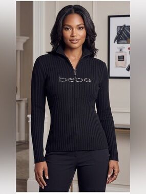 New Bebe women sweater Embellished bebe logo 1/4 Zip Neck Black sz S Stretch